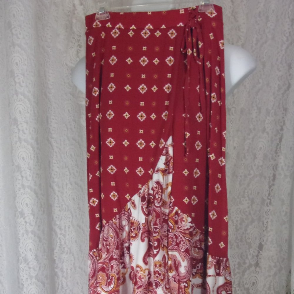 Cato Red White Print Hi/Low Ruffle Maxi Skirt NWOT